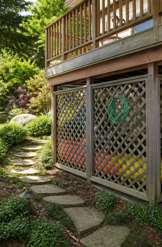 A rustic lattice screen under a deck with garden equipment partially visible.
