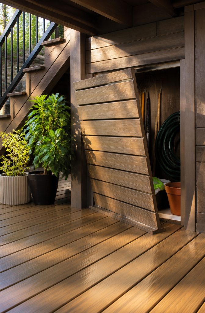 A removable panel under a deck showcasing garden tools and equipment.