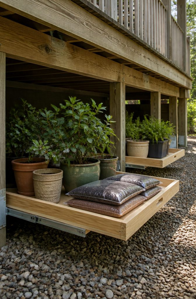 Open roll-out trays under a deck holding various gardening supplies.