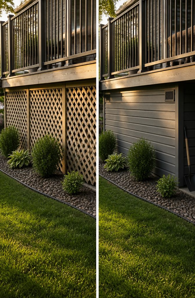 A photograph showing siding installed under a deck for storage.