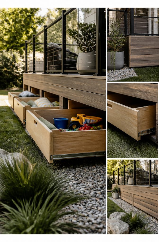 Sliding storage drawers fitted under a deck for organized access.