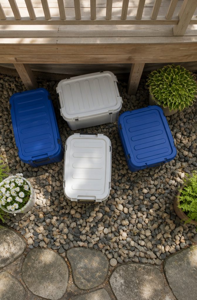 A variety of weatherproof containers stacked for under-deck storage.