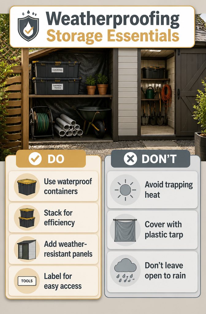 Containers and items organized under a deck with weatherproofing measures.