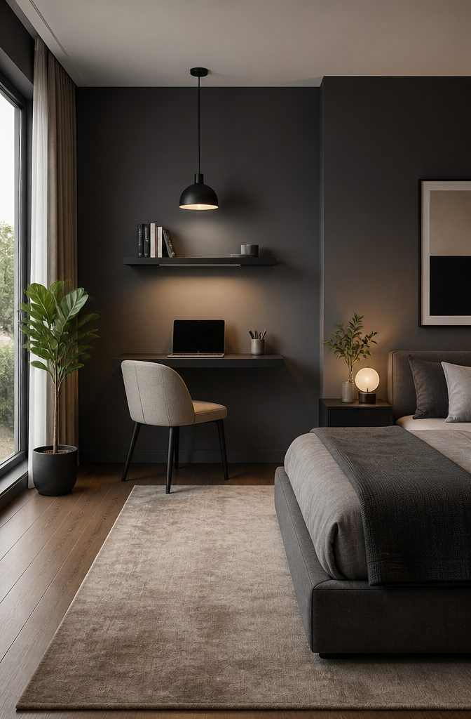 Floating shelves above a desk in a bedroom workspace setup.