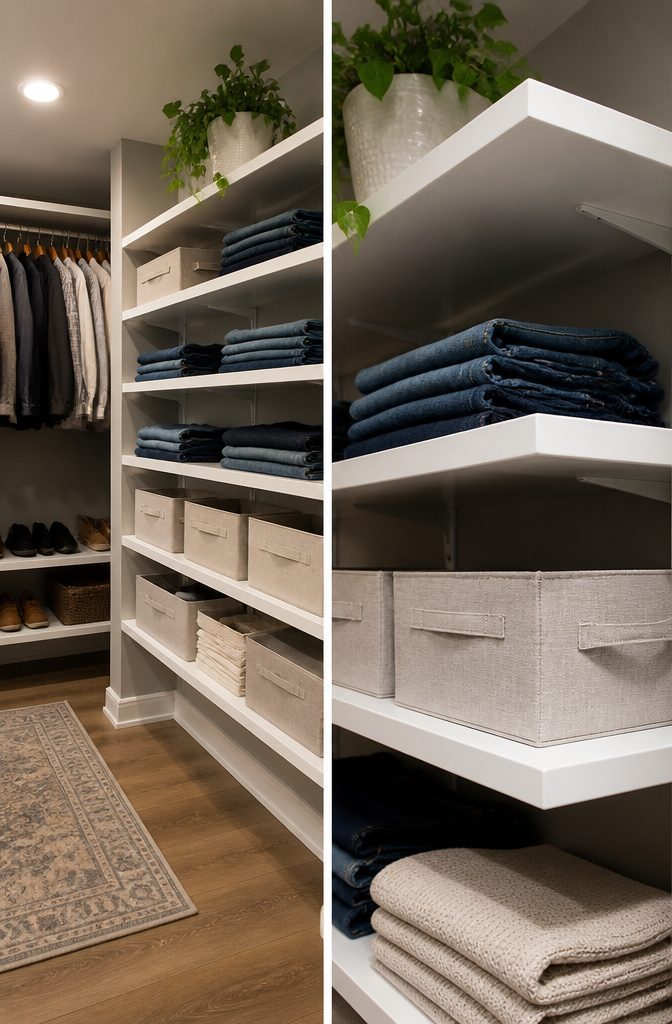 Closet wall shelves neatly organizing folded clothing and boxes.