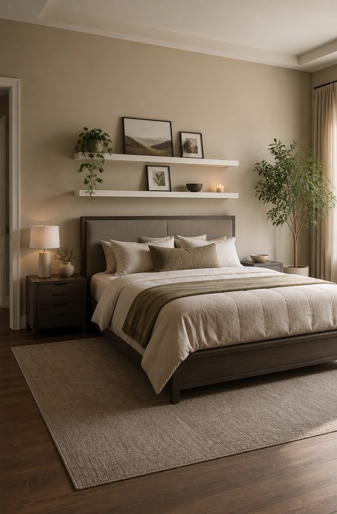 Floating shelves mounted above a bed with decorative items.