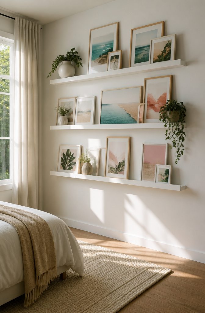 Picture ledges on the wall holding framed prints and small artworks.