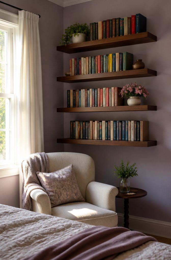 Wall-mounted bookshelves filled with books in a cozy bedroom nook.