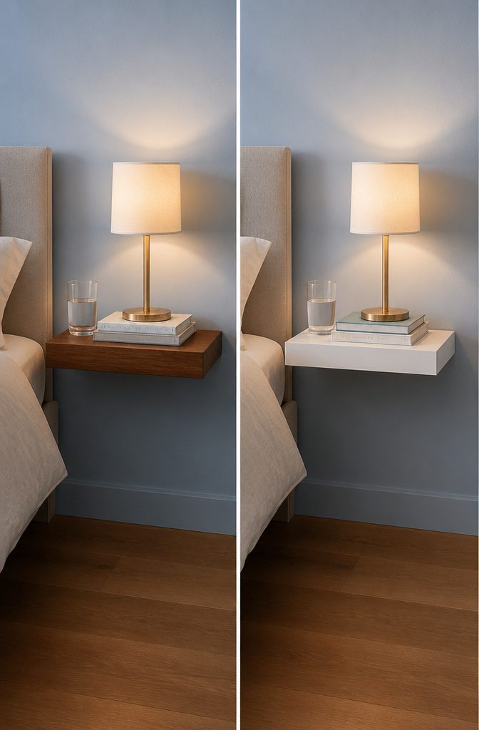 A floating shelf at nightstand height with essentials like a lamp and books.