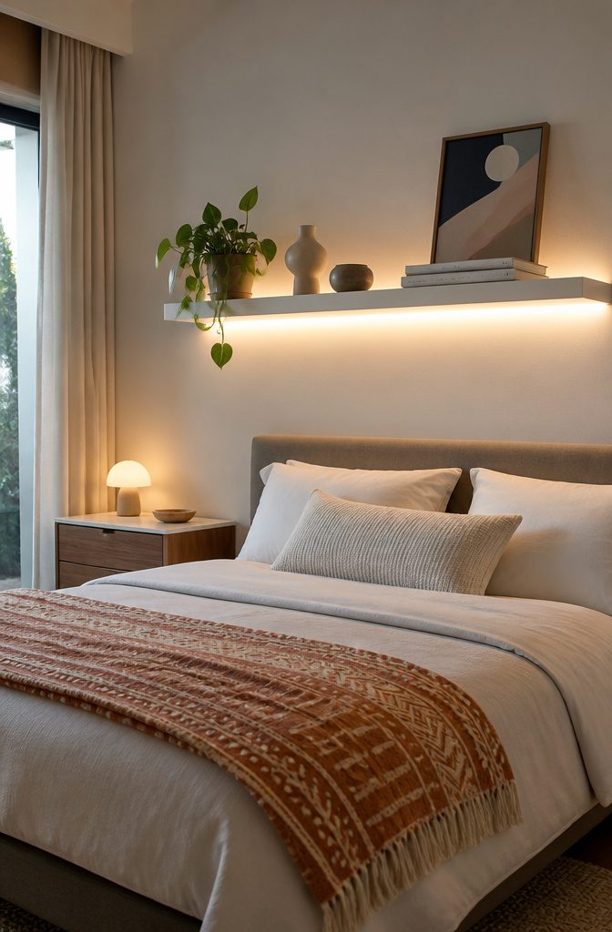 Floating shelf with integrated LED lighting illuminating decorative items.