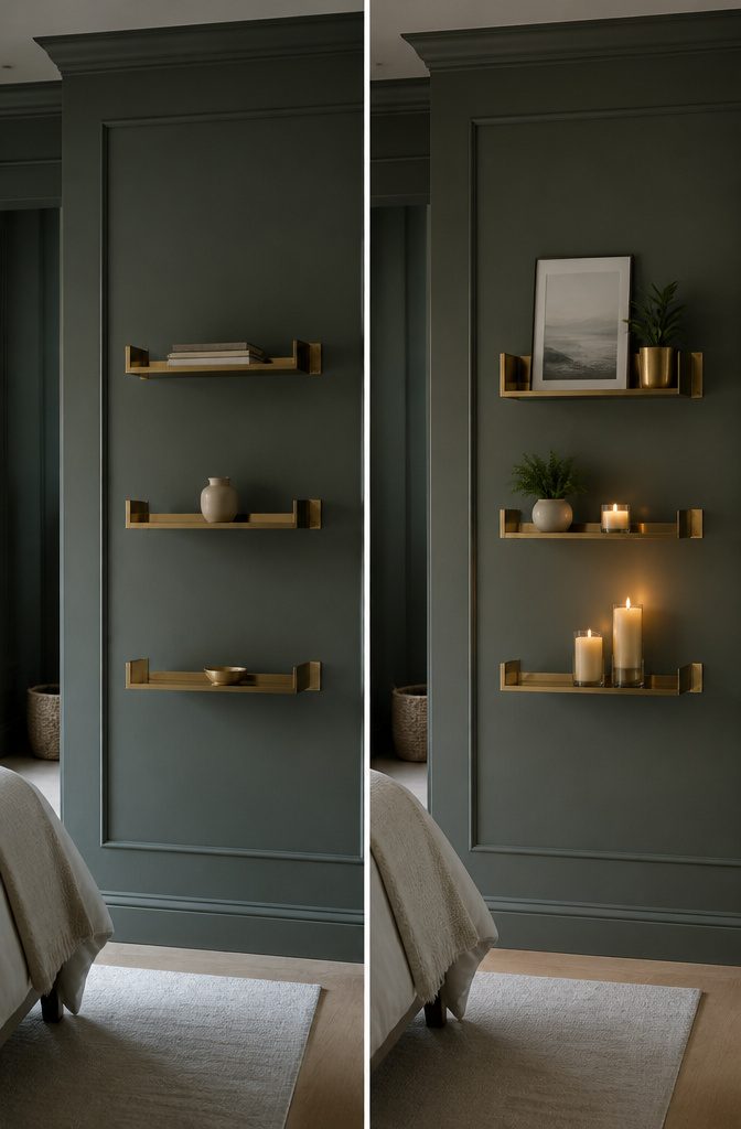 A shelf displaying a few selected decorative items and plants.