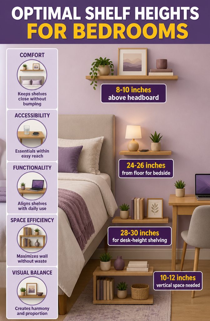 A graphic showing recommended shelf heights for bedroom placement.