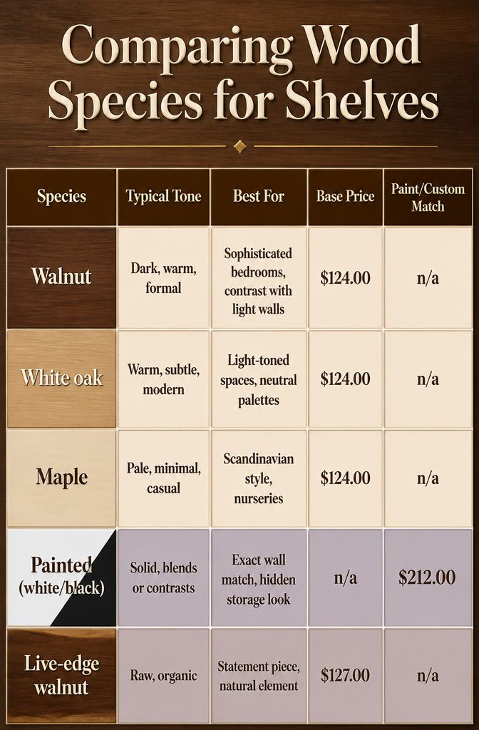 A comparison chart of different wood species for shelves.