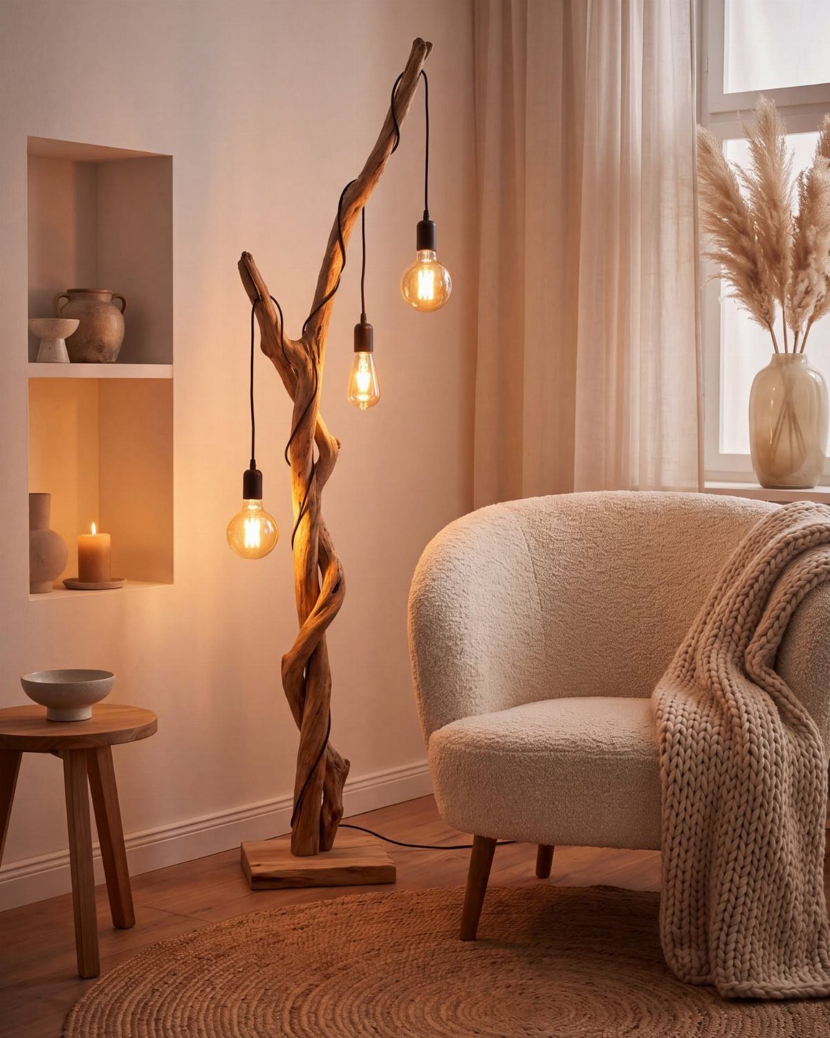Natural twisted branch floor lamp with three hanging bulbs in a cozy room.