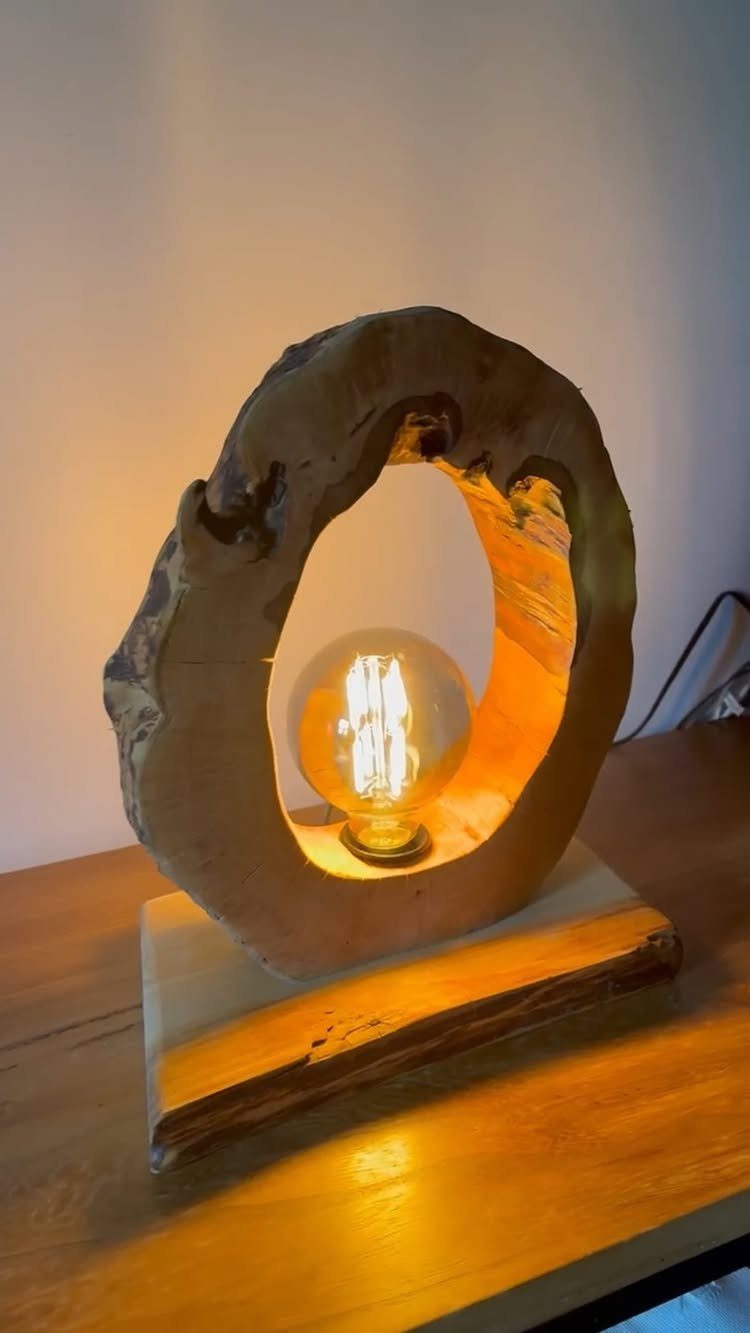 Organic hollowed wood lamp with a glowing Edison bulb on a wooden base