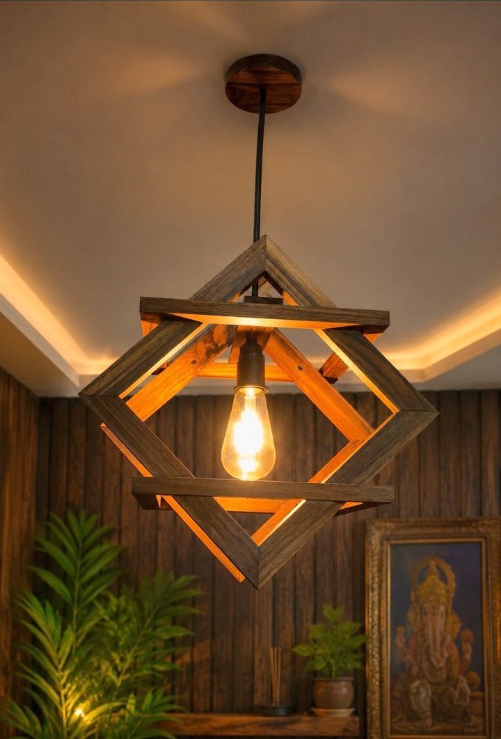 Geometric wooden pendant lamp with a glowing bulb hanging in a rustic room
