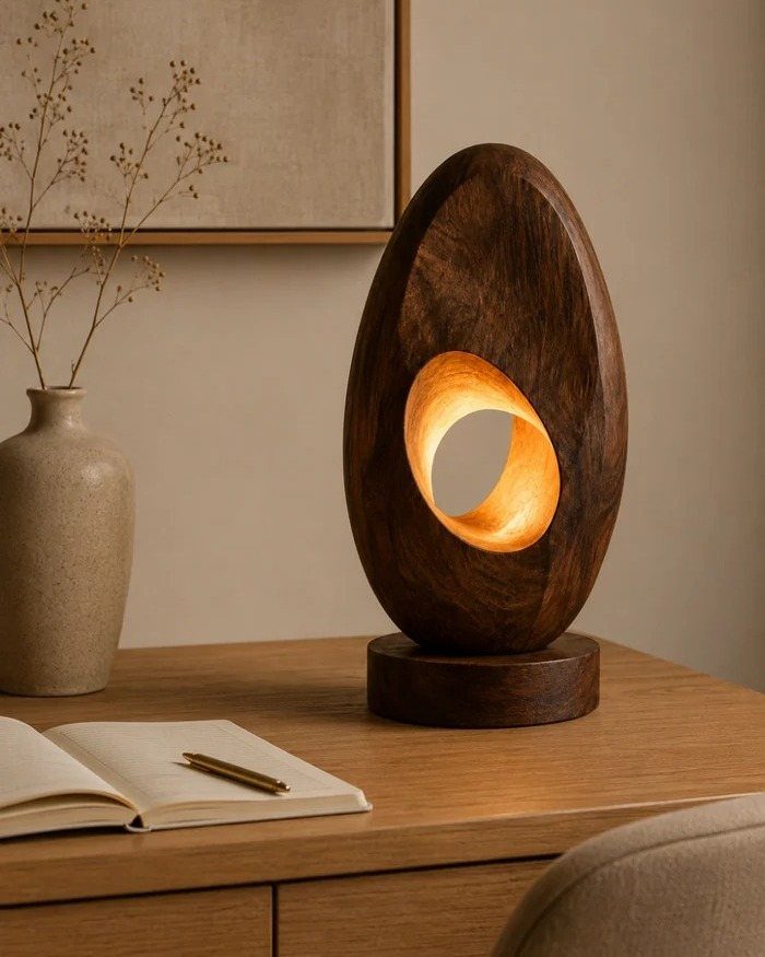 Oval wooden lamp with glowing center on a light wood desk