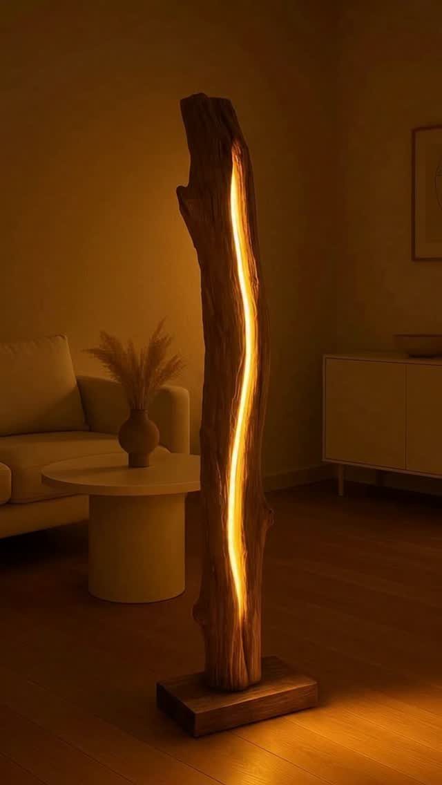Sculptural wooden floor lamp with a glowing vertical light fissure in a living room