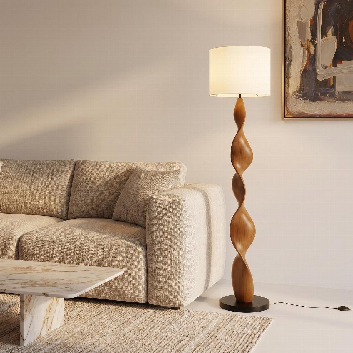 Spiral wooden floor lamp with white shade in a modern living room