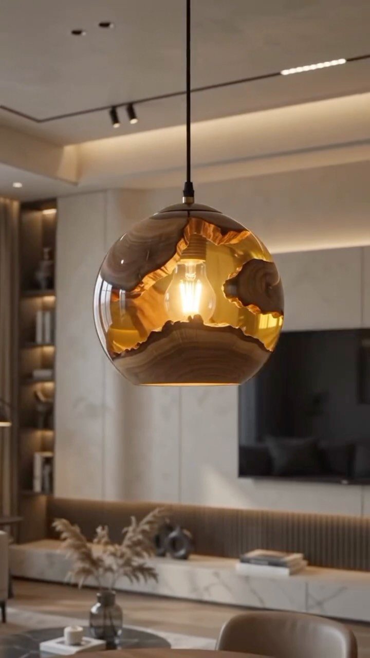 Spherical pendant lamp combining natural dark wood and amber resin with a glowing bulb.