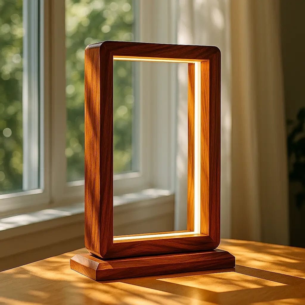 Rectangular wooden desk lamp with integrated LED light on a sunlit table.