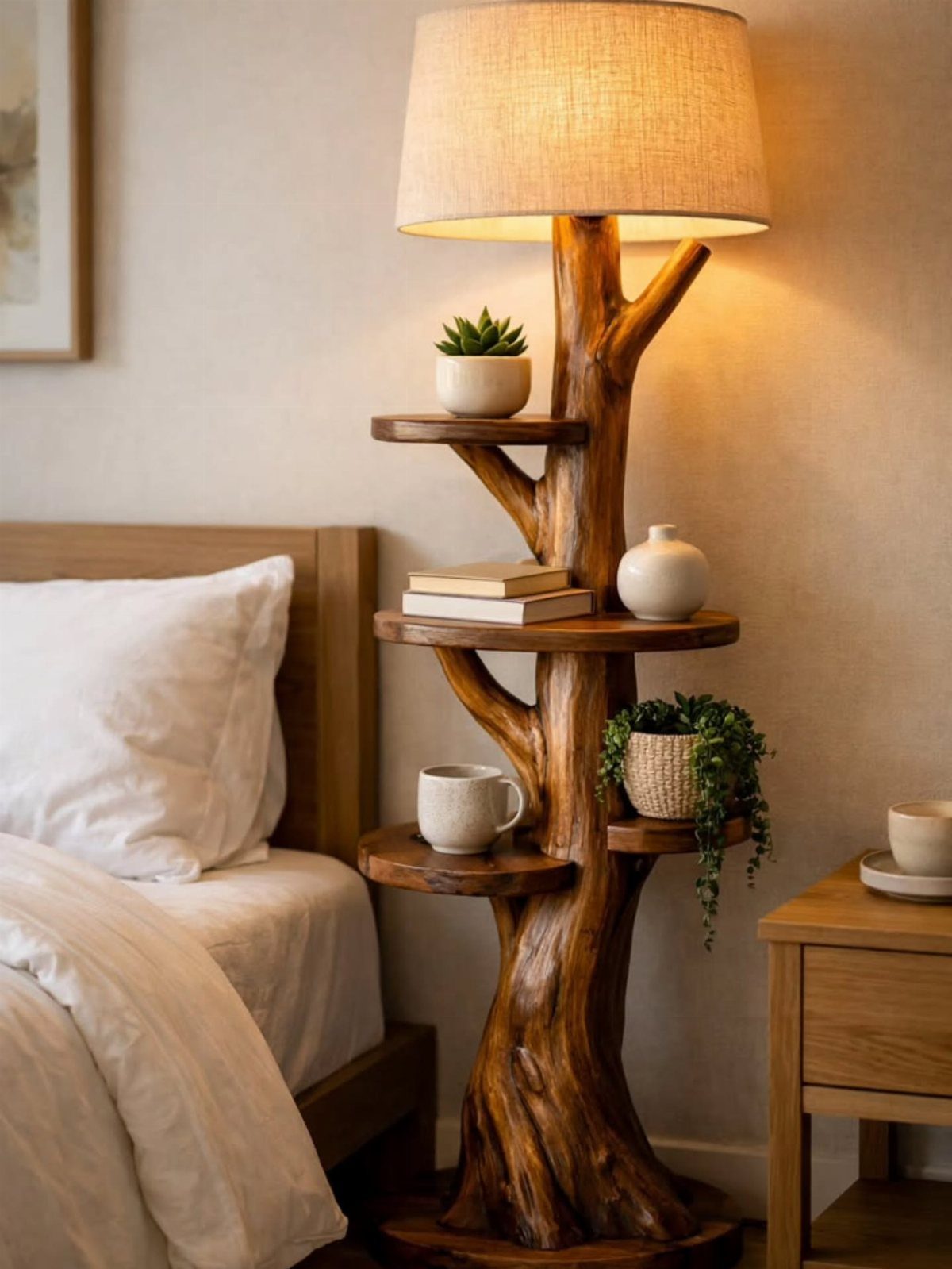 Wooden floor lamp with a natural branch base and integrated shelves next to a bed.