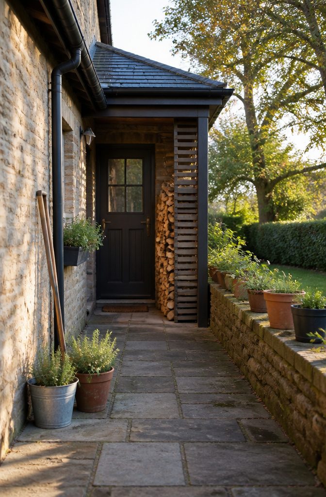 20 Wood Shed Ideas for Backyard Storage in 2026 16 Narrow log store positioned near a back door.