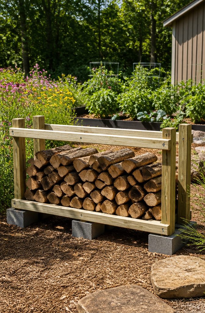 20 Wood Shed Ideas for Backyard Storage in 2026 9 Simple firewood rack elevated off the ground for airflow.