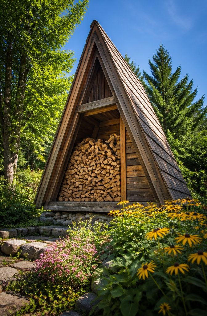 20 Wood Shed Ideas for Backyard Storage in 2026 3 A-frame wood shed featuring a pallet base and sloped roof.