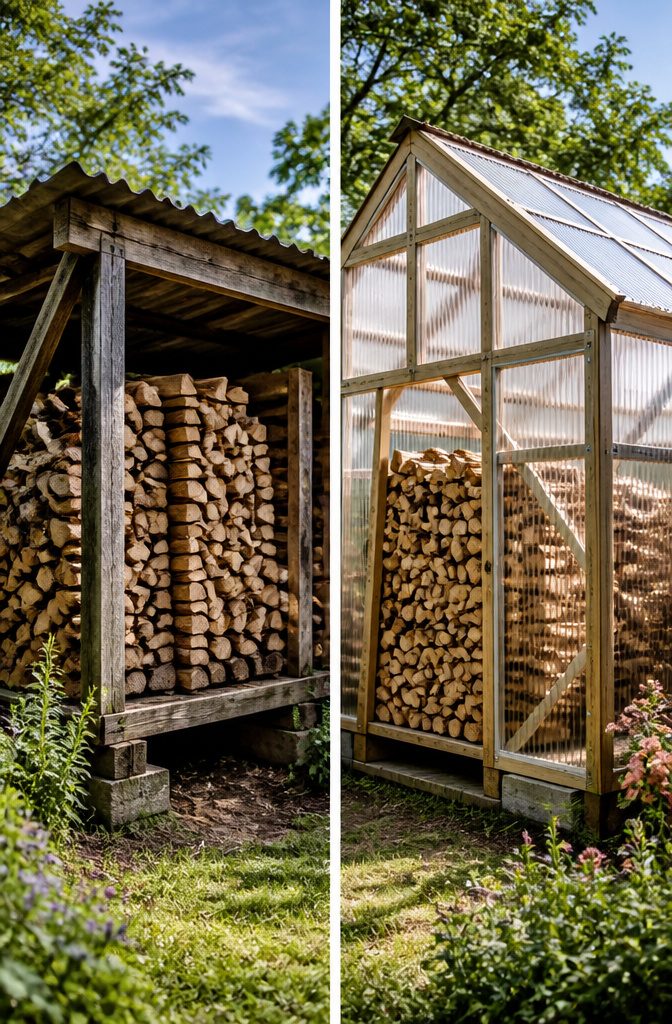 20 Wood Shed Ideas for Backyard Storage in 2026 11 Greenhouse firewood shed with plastic sheeting around a wood frame.