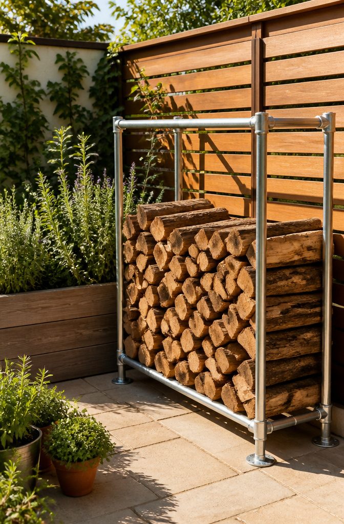 20 Wood Shed Ideas for Backyard Storage in 2026 10 Metal pipe firewood rack with stacks of firewood.