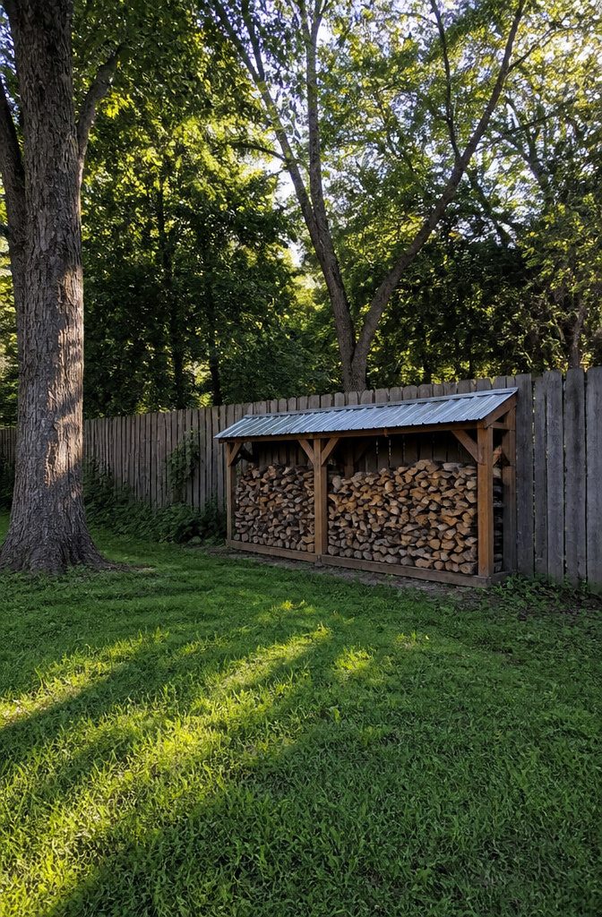 20 Wood Shed Ideas for Backyard Storage in 2026 2 Lean-to wood shed with a slanted roof and open sides.
