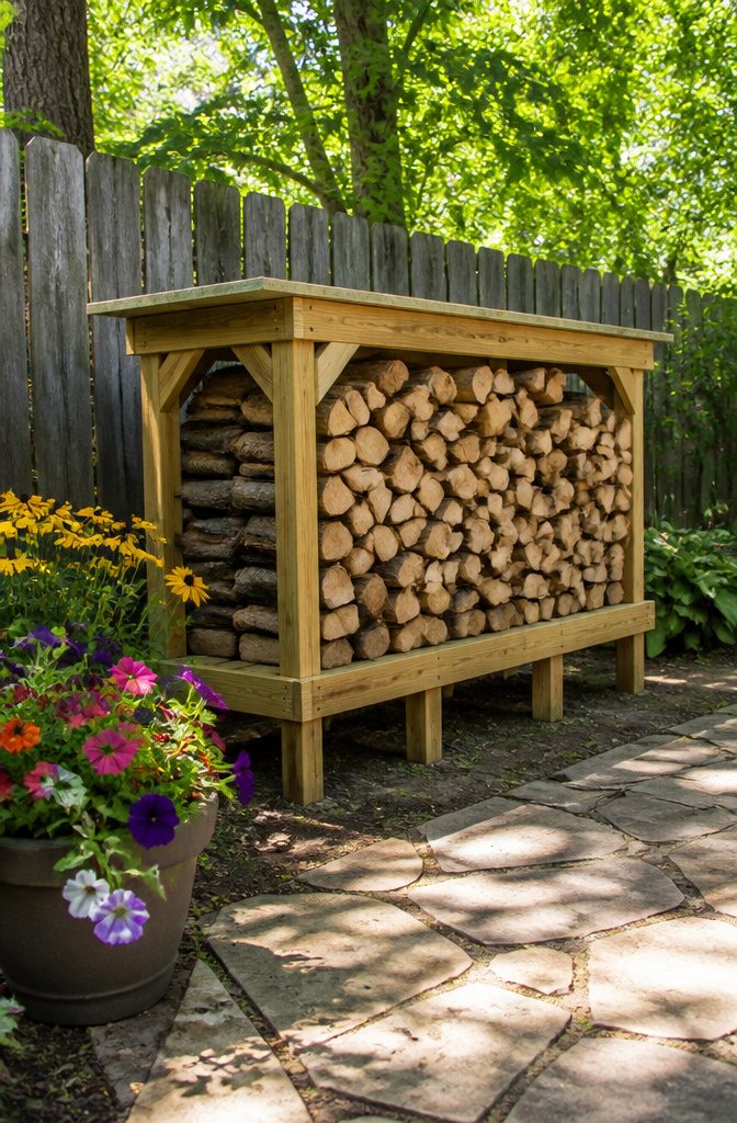 20 Wood Shed Ideas for Backyard Storage in 2026 14 Log rack made from pressure-treated 2x4s in a sunny backyard.