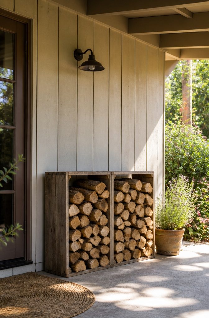 20 Wood Shed Ideas for Backyard Storage in 2026 6 Wooden crates stacked as a firewood rack under a home eave.