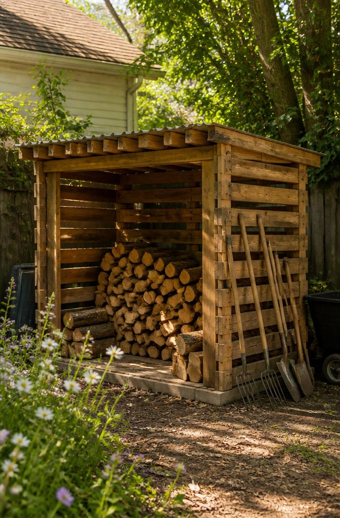20 Wood Shed Ideas for Backyard Storage in 2026 1 Pallet wood shed with logs and gardening tools nearby.