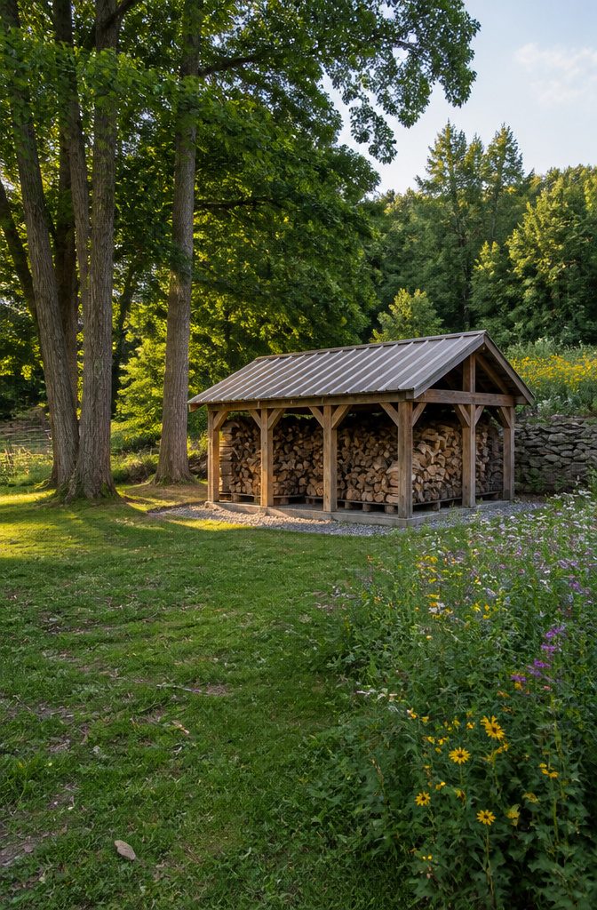 20 Wood Shed Ideas for Backyard Storage in 2026 4 Pole barn-style wood shed with concrete-supported roof.