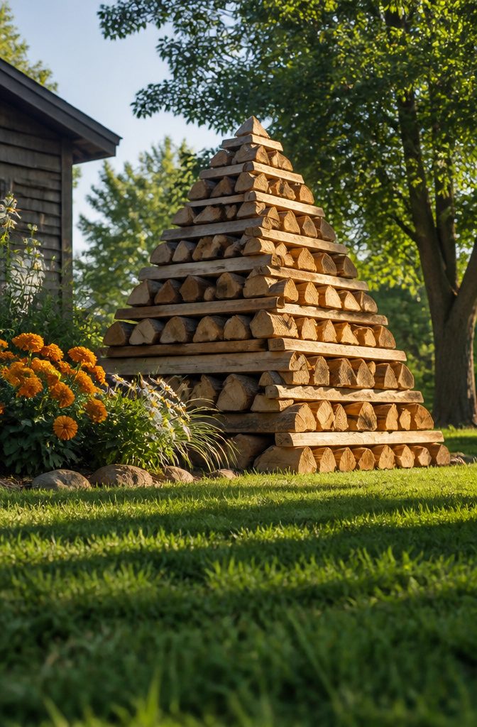 20 Wood Shed Ideas for Backyard Storage in 2026 15 Pyramid-style firewood stack arranged in ascending rows.