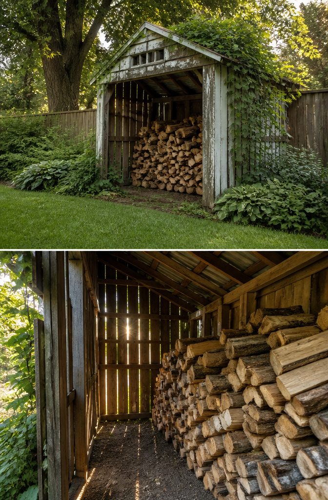 20 Wood Shed Ideas for Backyard Storage in 2026 5 Old shed in a yard, modified for firewood storage.