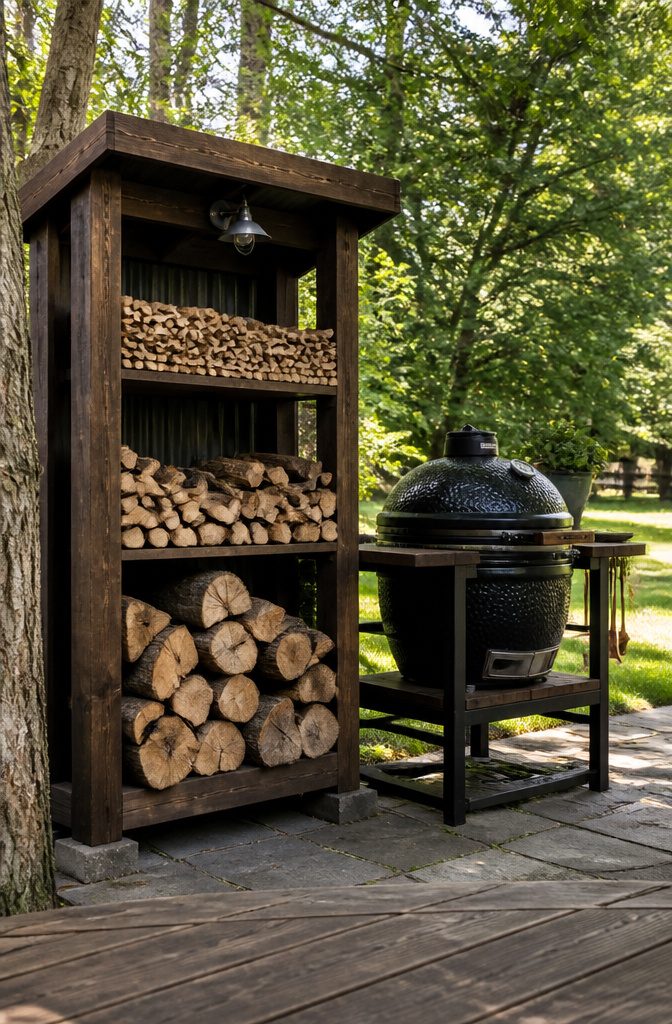 20 Wood Shed Ideas for Backyard Storage in 2026 8 Smoking rack with organized logs and kindling near a grill.