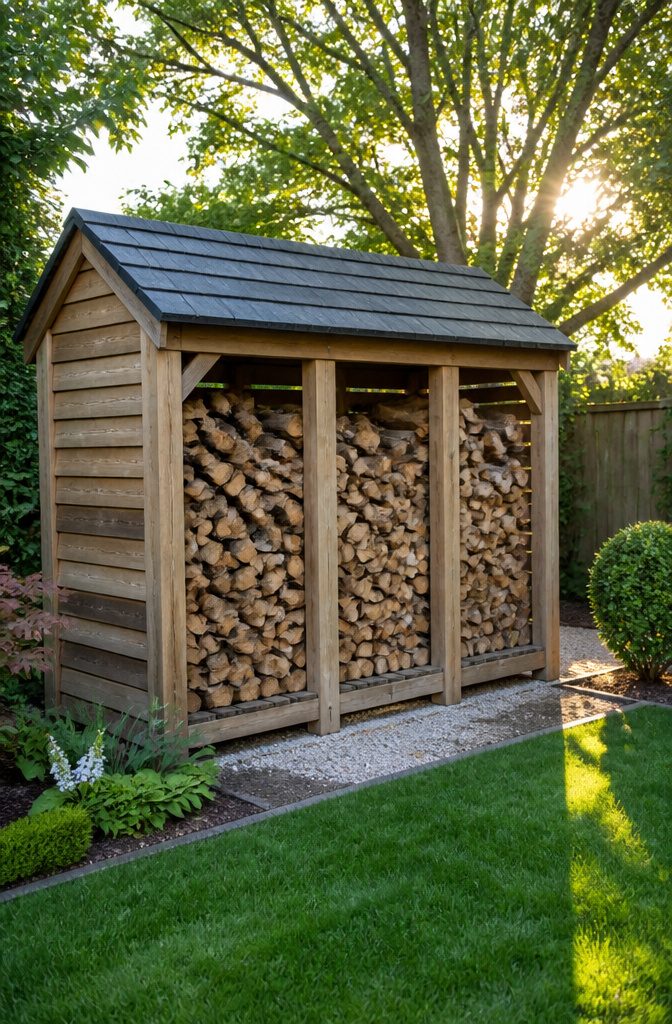 20 Wood Shed Ideas for Backyard Storage in 2026 17 Professionally built firewood shed with sturdy posts and walls.
