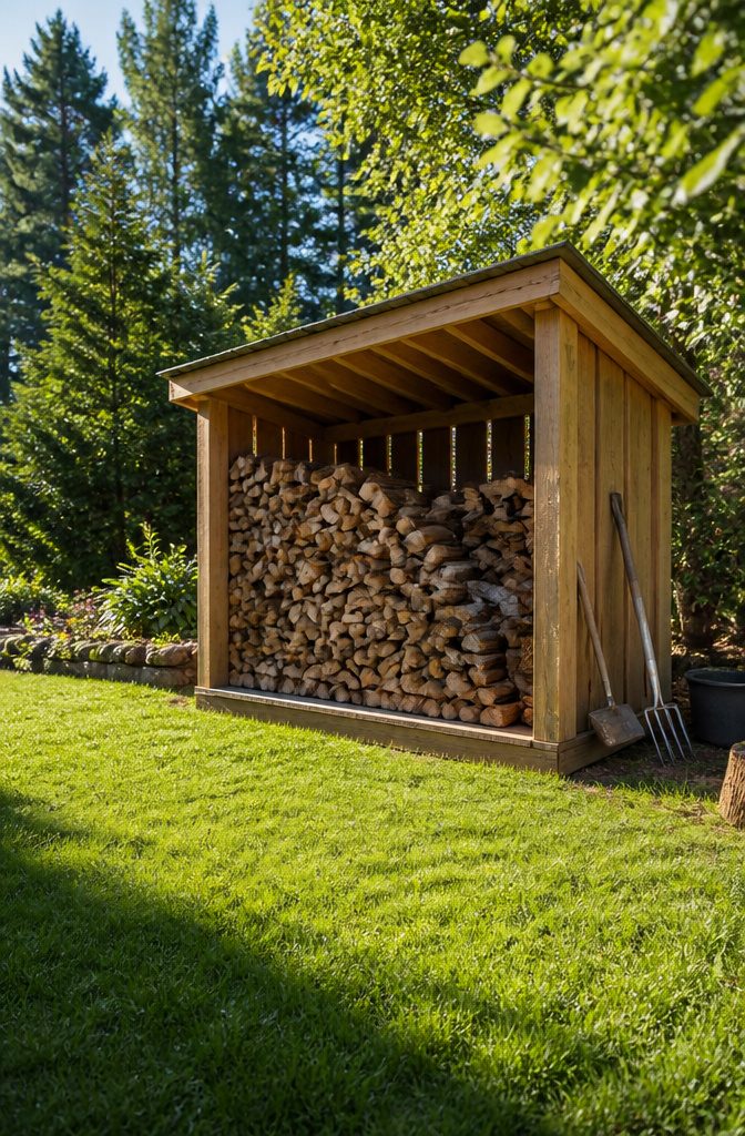 20 Wood Shed Ideas for Backyard Storage in 2026 13 Three-sided woodshed built from rough-cut timber.