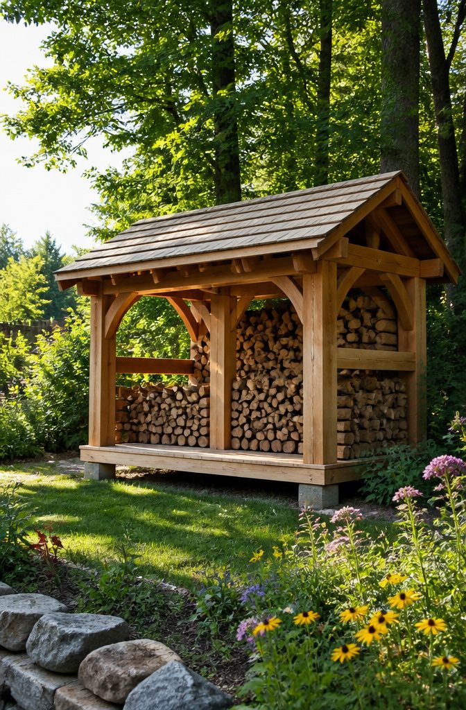 20 Wood Shed Ideas for Backyard Storage in 2026 20 Timber frame woodshed with open sides and rich wood tones.