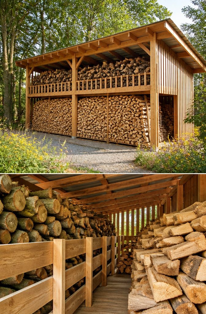 20 Wood Shed Ideas for Backyard Storage in 2026 12 Wood storage shed with separate layers for green and seasoned wood.