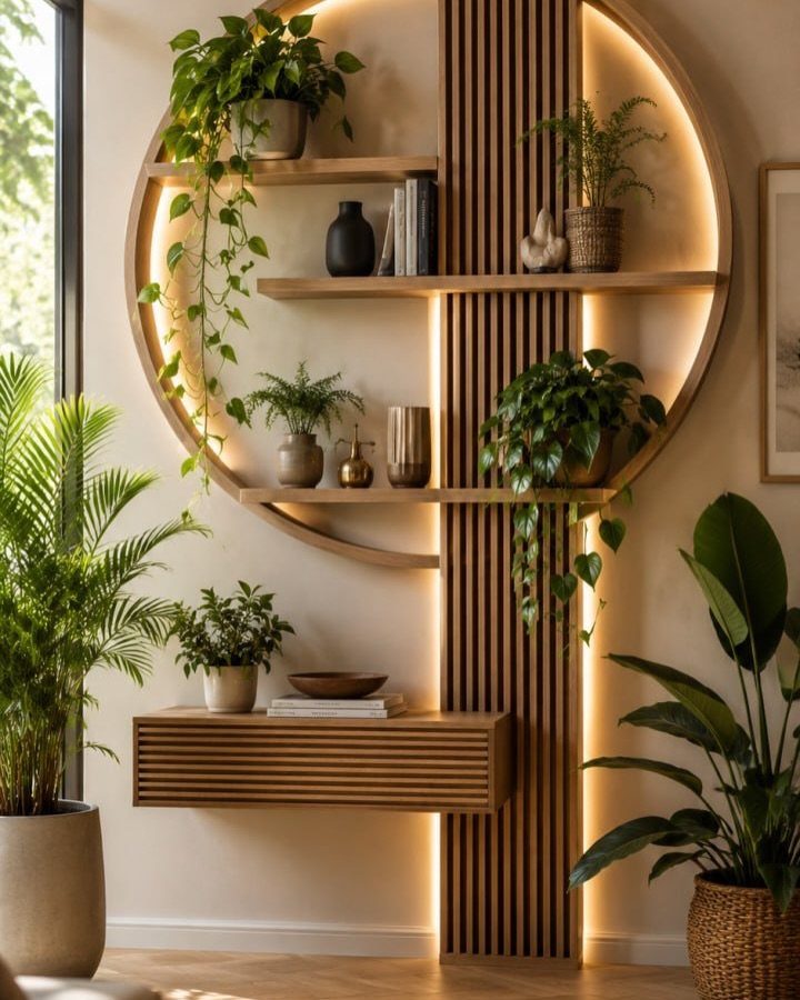 Wood Slat Wall with Shelves: 10 Ideas for Plants, TVs, Desks 8 Wood slat wall with circular shelving unit and integrated warm lighting holding green plants.