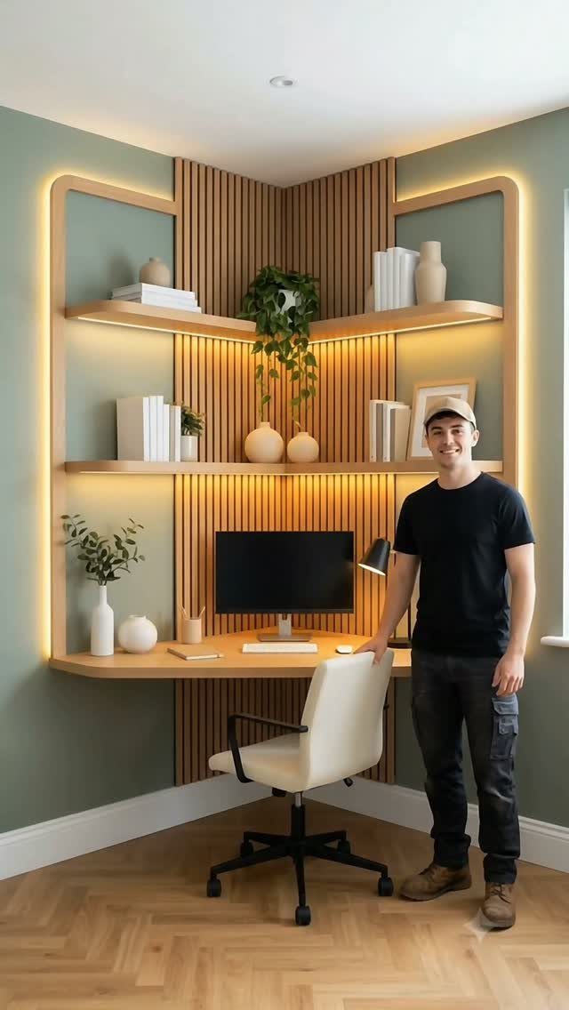 Wood Slat Wall with Shelves: 10 Ideas for Plants, TVs, Desks 6 Man standing by a corner office with wood slat walls and floating shelves.