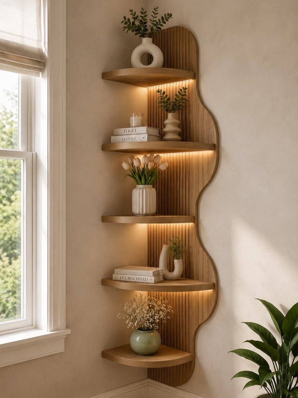 Wood Slat Wall with Shelves: 10 Ideas for Plants, TVs, Desks 4 Wood slat wall with curved floating shelves and integrated lighting holding decorative plants.