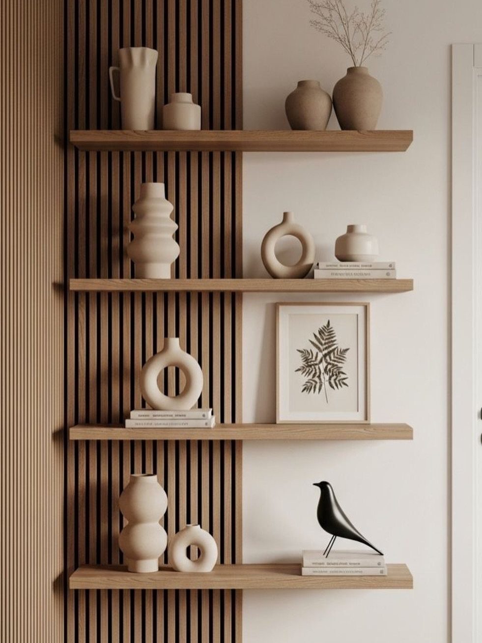 Wood Slat Wall with Shelves: 10 Ideas for Plants, TVs, Desks 3 Wood shelves mounted on a vertical wood slat wall holding ceramic vases and decor.