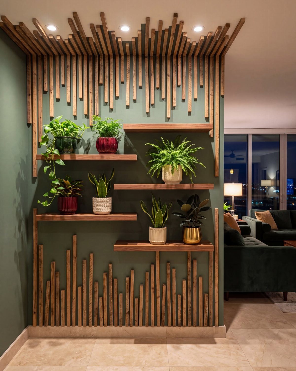 Wood Slat Wall with Shelves: 10 Ideas for Plants, TVs, Desks 9 Wood slat wall with integrated floating shelves holding several potted green houseplants.