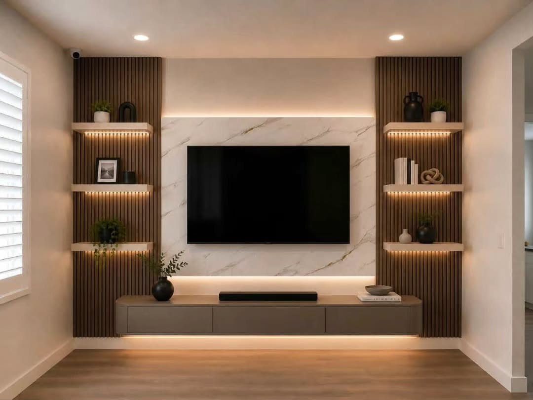 Wood Slat Wall with Shelves: 10 Ideas for Plants, TVs, Desks 5 Modern living room with dark wood slat wall panels and white floating shelves.